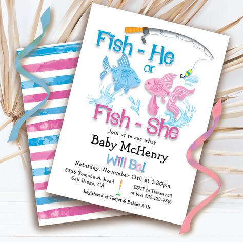 Fishing Gender Reveal, Gender Reveal Baby Shower Themes, Fishing Baby, Gender Reveal Themes, Baby Shower Deco, Baby Fish, Pink Fish, Gender Reveal Invitations, Baby Gender Reveal