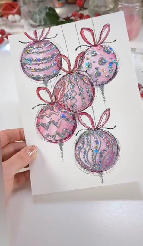 Pink Christmas Cards Diy, Pink Christmas Card Ideas, Bauble Watercolour, Pink Christmas Cards Handmade, Glitter Christmas Cards, Pink Christmas Cards, Watercolor Christmas Cards Diy, Handmade Bookmarks Diy, Something Funny