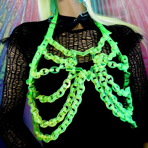 Accessories and Clothing – yokaicandy.com Neon Green Cyberpunk Outfit, Neon Punk Clothes, Neon Green Black Outfit, Neon Hyperpop Aesthetic, Neon Green Graphic Liner, Kandi Body Harness, Cybergoth Accessories, Green Clown Aesthetic, Goth Assessories