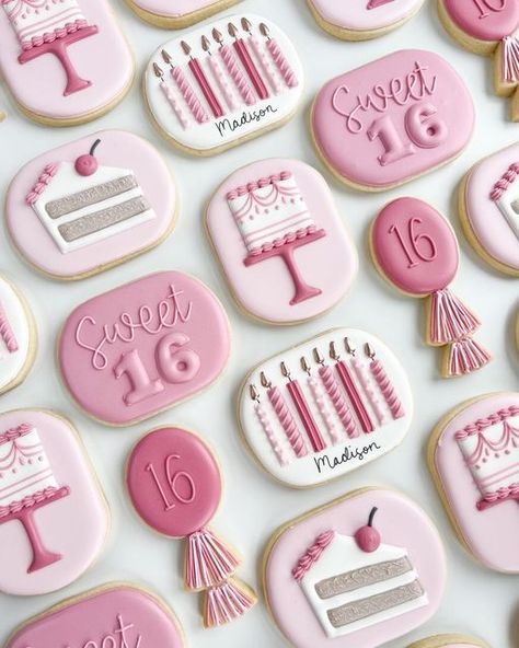 Leah Durso on Instagram: "Sweet 16 ✨💕" Pink And Gold Cookies Birthday, Pink Sweet 16 Cookies, Sweet 16 Birthday Cookies Decorated, Sweet 16 Cookies Pink, Sweet 16 Decorated Cookies, Sweet Sixteen Cookies Decorated, Girly Sugar Cookies, Half Birthday Cookies, Sweet 16 Cookies Decorated