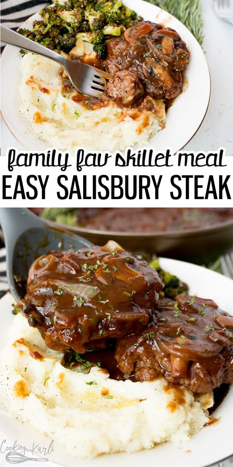 Easy Salisbury Steak Recipe, Ground Beef Patties, Easy Salisbury Steak, Salisbury Steak Recipe, Cooking With Karli, One Pan Meal, Dinner Quick, Salisbury Steak Recipes, Easy Skillet Meals