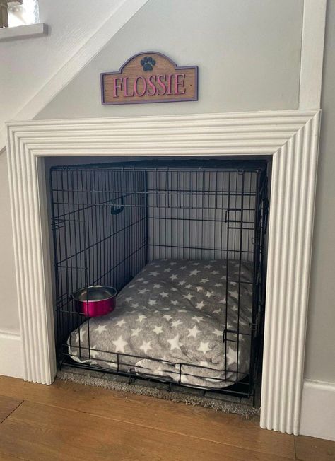 Dog Kennels Under Stairs, Utility Room Ideas With Dog Bed, Doggie House Under Stairs, Dog Crate Ideas Under Stairs, Under Stairs Ideas Dog Spaces, Dog Crate Under Stairs Built Ins, Pet Bed Under Stairs, Dog Dens Under The Stairs, Under Stair Dog Crate