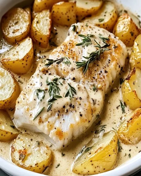 Cod & Potatoes in Rosemary Cream Sauce - Easy Recipe Cod Cream Sauce, Dill Cod Recipes, White Fish In Cream Sauce, White Fish And Potato Recipes, Fish Cream Sauce Recipes, Cod And Potatoes Recipes, Sauce For Cod Fish, Fish And Potato Recipes, Potatoes With Fish