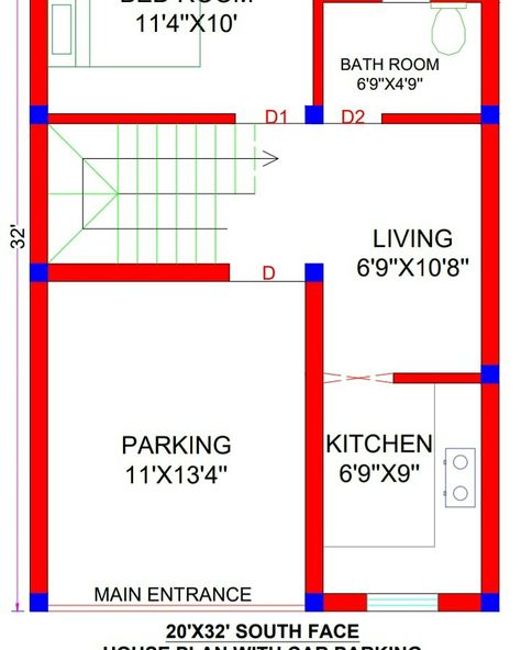 20x32 House Plans, House With Car Parking, 850 Sq Ft House, House With Car, Messi And Ronaldo, House Map, House Elevation, Main Entrance, Small House Design