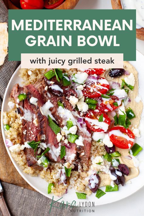 Ready in just 30 minutes, these Mediterranean quinoa bowls with grilled steak are filled with quinoa, tomatoes and bell pepper, feta, olives, and topped with slices of juicy grilled steak. And to top it all off: a creamy herb yogurt sauce. It's the perfect healthy weeknight meal for the whole family - everybody can customize and build their own steak bowl! Greek Steak Bowl, Steak And Quinoa Recipes, Steak Grain Bowl, Steak Quinoa Bowl, Mediterranean Steak Bowl, Steak Bowls Healthy, Mediterranean Grain Bowl, Steak Quinoa, Herb Yogurt Sauce