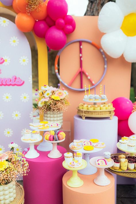 Kara's Party Ideas Groovy Christening Party | Kara's Party Ideas Groovy Candy Table, Too Groovy Birthday Party, Groovy Centerpiece Ideas, Groovy Party Ideas, Groovy Party Food, Groovy Birthday Party Ideas, Groovy Theme Party, Groovy Party Theme, Groovy Decorations