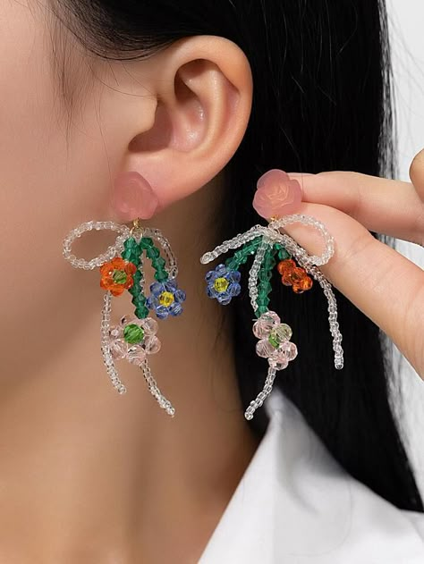 1pair Fashionable Copper Beaded Bow & Flower Decor Drop Earrings For Women For Daily Decoration | SHEIN USA Anting Manik, Beaded Bow, Seed Bead Crafts, Beaded Earrings Diy, Bead Charms Diy, Handmade Jewelry Tutorials, Handmade Fashion Jewelry, Beaded Drop Earrings, Earring Tutorial