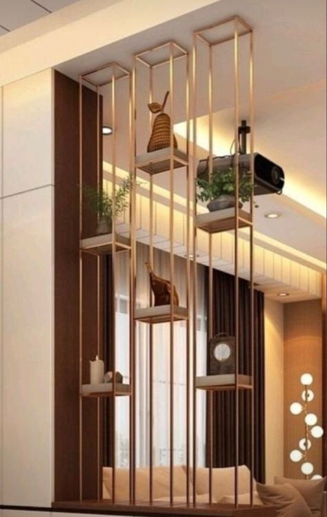 Desk Partition Ideas, Pvd Partition Design, Half Partition Design, Metal Partition Design Living Rooms, Living Room Showcase Design, Metal Partition Design, Partition Design Ideas, Separation Wall, Wooden Panel Design