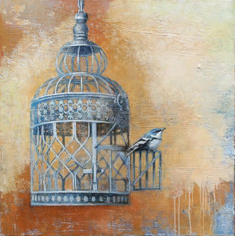 Vintage bird cages interest me along with the theme of freedom. Birds are symbolic for that as well and I paint them repeatedly. Texture is prevelant in this painting as I wanted to immulate an old Italian wall. Bird Cage Painting Acrylic, Bird In Cage Painting, Bird In A Cage Drawing, Caged Bird Art, Birdcage Painting, Bird Cage Painting, Bird Cage Drawing, Bird Cage Art, Cage Painting