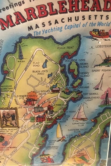 Visiting  Marblehead, Massachusetts, USA Salem Massachusetts Witch Trials, Salem Trip, Marblehead Massachusetts, Marblehead Lighthouse, England Coast, Boston History, Walking Map, American States, Illustrated Maps