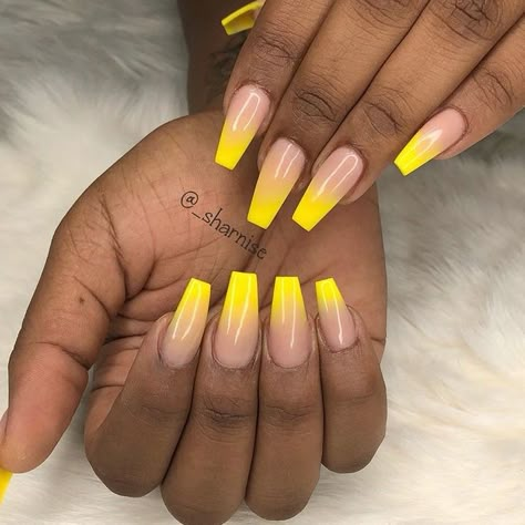 ombre 🍯 Ombre Nails On Black Women, Yellow And Black Nails Design, Yellow And Black Nails, Neon Ombre Nails, Yellow Ombre Nails, Nails On Black Women, Black Nails Design, Orange Acrylic Nails, Gel Nail Ideas