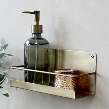 Brass Shelves, Metal Wall Shelves, Industrial Living, Washing Up Liquid, Homewares Shop, Simple Kitchen, Small Candles, Shelf Styling, Grey Glass