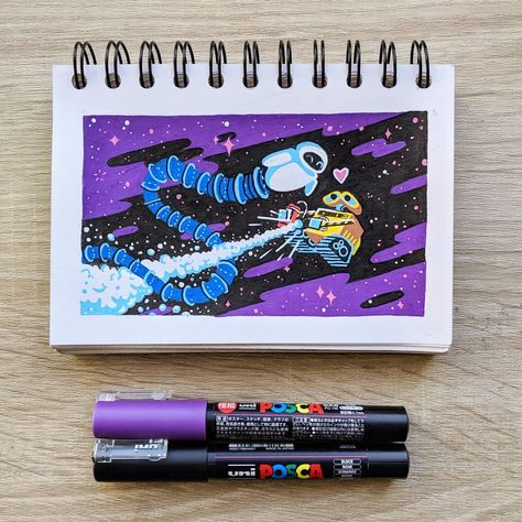 James Chapman on Instagram: “Dancing through the stars 💫 #illustration #posca #artistsoninstagram #film #walle #pixar #disney #animation #eve #space #astronomy #movie…” Animation Sketchbook, James Chapman, Posca Paint Pens, Posca Pens, Posca Marker, Posca Art, Gouache Art, Sketchbook Art Journal, Arte Sketchbook