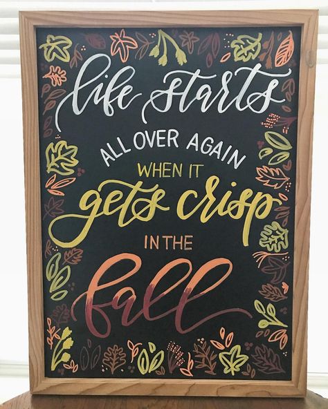 It finally feels like fall! Chalk Art Coffee, Chalkboard Border, Fall Chalkboard Art, Halloween Chalkboard Art, Thanksgiving Chalkboard, Chalk Markers Art, Fall Chalkboard, Starbucks Art, Chalkboard Art Quotes