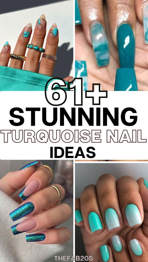 Looking for Turquoise Nails?! These Turquoise Nail ideas are stunning! If you want Turquoise Nail inspo, whether it's trendy, cute, short, long, stiletto - these Turquoise Nails are TOO good Teal And Mustard Nails, Teal And Gold French Tip Nails, Nail Ideas Teal Turquoise, Teal And White Nail Ideas, Teal Green Nail Ideas, Teal Nails With Chrome, Nail Designs Dipping Powder, Tourquise Nails Design Short, Teal Colored Nails