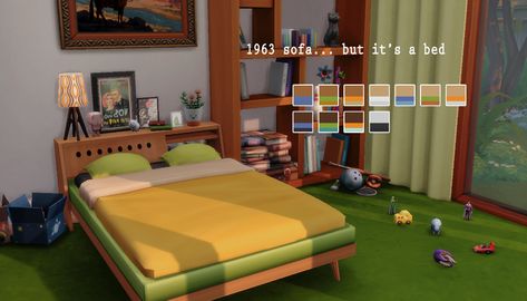 That 1963 sofa but It’s a bed A simple edit of my 1963 couch bed, It’s a bit smaller to fit the bed mesh. The bed sheets are the same as the Dreamy Pad bed from Get Famous. BGC 11 swatches Download -... Bed Sims 4 Cc, Retro Bed, Sims 4 House Building, The Sims 4 Packs, Sims 4 Mm Cc, Casas The Sims 4, Sims Building, Sims 4 Gameplay, Sims 4 Mm