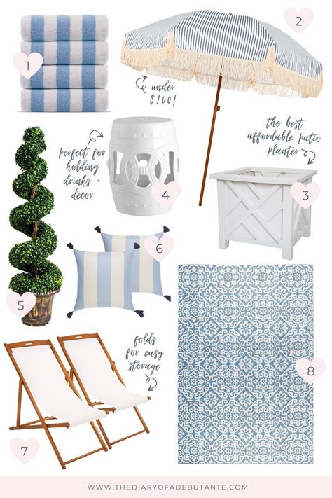 Looking for coastal patio decor ideas on a budget? Blogger Stephanie Ziajka rounds up all her top Amazon patio beach decor finds (all of which are popular Serena and Lily look-alikes) in today's post on Diary of a Debutante. Click through for her favorite Amazon patio decor finds! #coastal #coastaldecor #patiodecor #summerdecor #amazonhome #amazonfinds Cute Patio Decor, Patio Decorating Ideas Florida, Costal Decorating Outdoor Spaces, Beach Patio Ideas Coastal Cottage, Coastal Patio Design Ideas, Coastal Grandmother Backyard, Coastal Balcony, Outdoor Coastal Patio Ideas, Serena And Lily Patio