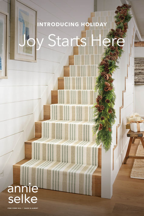 Lay the groundwork to impress your guests. Pinecone Decor, Pinecone Garland, Stripe Rug, Mini Lights, Annie Selke, Pine Cone Decorations, Entryway Console, Greenery Garland, Dash And Albert