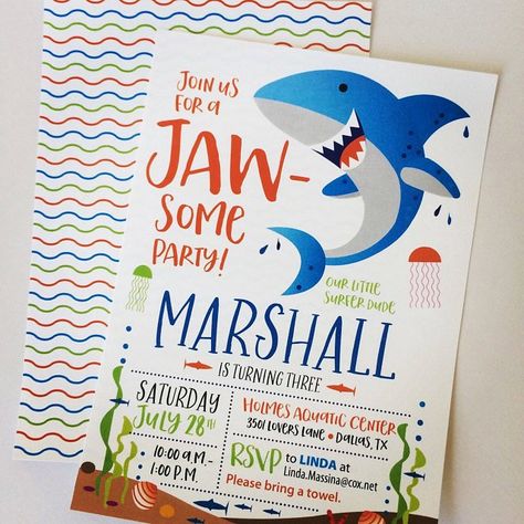 1sr Birthday, Shark Birthday Party Invitation, Mermaid Birthday Party Invitations, Shark Themed Party, Shark Birthday Invitations, Watermelon Birthday Parties, Shark Birthday Party, Kids Birthday Party Invitations, Boy Birthday Invitations