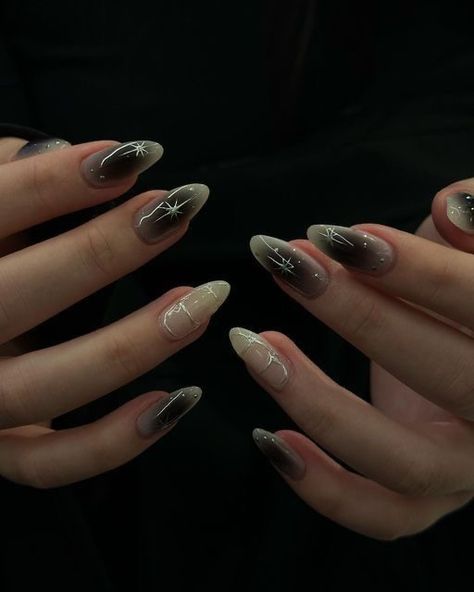 Gloomy Nail Designs, Black And White Jelly Nails, Black Almond Acrylic Nails Design, Black Aura Nails With Chrome, Black Aura Nails Short, Gray Aura Nails, Black Jelly Nail Designs, Cyberpunk Nails Black, Grey Jelly Nails