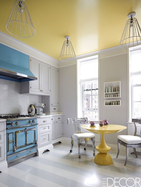 Striped Floor, Yellow Ceiling, Breakfast Rooms, Blue Kitchen Cabinets, Kabinet Dapur, Decor Ikea, All White Kitchen, Blue Cabinets, Yellow Kitchen