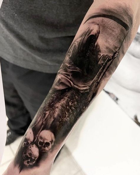 Tattoo by Swedish artist Daniel Art (@danielart.tattoo) Reaper Tattoo Designs, Grim Reaper Tattoo, Reaper Tattoo, Wrist Tattoos For Guys, Bicep Tattoo, Grim Reaper, Wrist Tattoos, Leg Tattoos, Aesthetic Photo