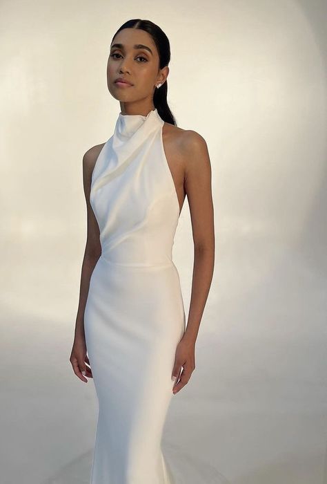 High Neck Low Back Wedding Dress Silk, High Nexk Wedding Dresses, White Dress High Neck, Halter Neck Wedding Reception Dress, Elegant High Neck Wedding Dress, Silk Form Fitting Wedding Dress, High Neck Gown Hairstyle, Turtleneck Wedding Dress Sleeveless, White Halterneck Dress