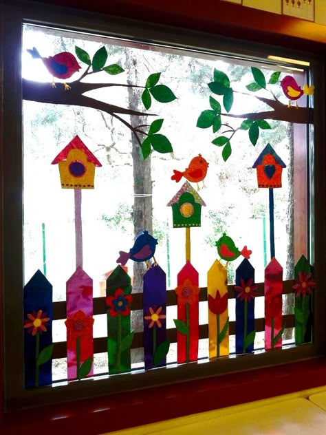 Window Decor For Classroom, Spring Decorations For School, Spring Ceiling Decorations For Classroom, Spring Decor Kindergarten, Window Decor Ideas For School, Easy Spring Window Art, Spring Classroom Window Decorations, Classroom Windows Ideas, May Door Decorations Classroom Preschool