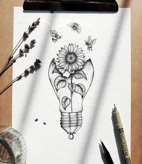 Sunflower and honey bees by M. Tim Sunflowers Drawing, Drawing Sunflowers, Stylo Art, Bee Drawing, Sunflower Drawing, Stippling Art, Art Sketches Doodles, White Sunflowers, Sunflower Tattoos