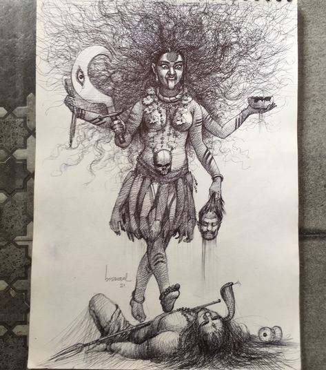 Kali Picture, Ballpoint Pen Art, Pen Art Work, Goddess Kali, Durga Painting, Shakti Goddess, Pen Art Drawings, Shiva Painting, Kali Goddess