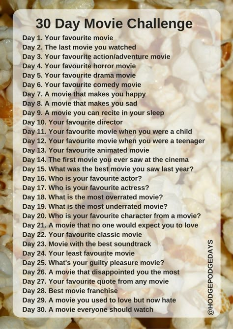 30 Day Movie Challenge, Movie Challenge, 30 Day Writing Challenge, Action Adventure Movies, Music Challenge, 30 Days Challenge, Challenges Funny, 30 Day Song Challenge, Netflix Movies To Watch