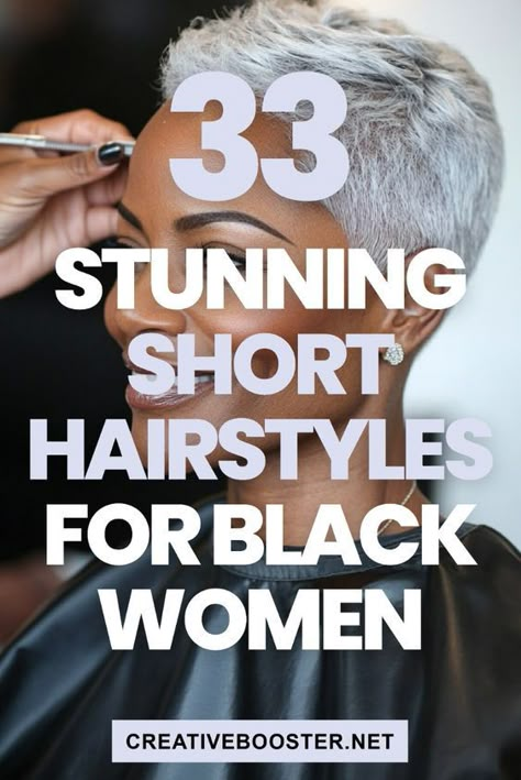 Click for More ➡️ | Save for Later ❤️  In search of the perfect short hairstyle to wear? Discover these 33 stunning and trendy short hairstyles for Black women! With choices ranging from pixie cuts to curly bobs, and bold colors to natural textures, these styles are sure to inspire your next look. Embrace your beauty with these fashionable cuts!  #ShortHairstyles #BlackWomenHair #PixieCut #CurlyHair #NaturalHair #HairInspiration #2024Trends #HairGoals #ShortHairDontCare Short Natural Grey Hair Black Women, Short Hairstyles For Relaxed Hair, Black Womens Short Hairstyles, Short Hair Styles For Natural Hair, Gray Hair Styles For Black Women, Black Short Natural Haircut, Black Woman Pixie Hairstyles, Curly Pixie Haircut Black Women, Short Salt And Pepper Hair Black Women