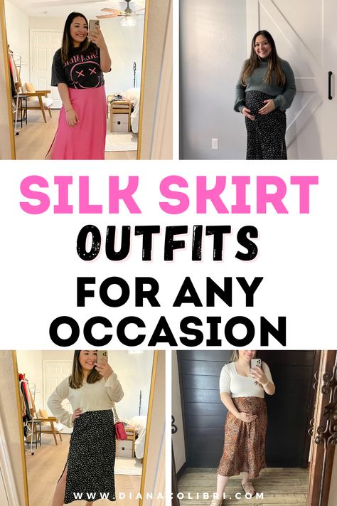 Get the chic and classy look with these silk skirt outfit ideas! Read the post for inspiration on how to style a slip skirt for any occasion! Style A Silk Skirt, Silk Skirt Outfits, Silk Skirt Outfit, Silk Slip Skirt, Skirt Outfit Ideas, Crinkle Skirt, Slip Skirts, Maternity Style, Style Inspiration Fall