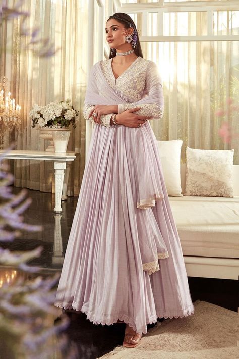 Buy #lilac ruched #anarkali with beaded #embroidered bodice & sleeves. Comes with sheer #dupatta by #RidhiMehra at #AzaFashions Shop online now at #Azafashions.com Call +91 8291990059 or email contactus@azafashions.com for enquiries. #wedding #festive #ethnic #tradional #shopping #shoponline #party #reception #bride Net Anarkali Dresses, Purple Anarkali, Ridhi Mehra, Long Anarkali, Embroidered Anarkali, Embroidered Crop Tops, Embroidered Bodice, Net Dupatta, Anarkali Dress