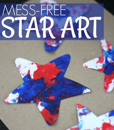 Toddler Approved! Mess Free Patriotic Star Painting -- This only requires a few supplies you have around your house, and you are good to go! This is a great DIY idea for smaller kids or bigger kids. Fourth Of July Crafts For Kids, July Art, Flag Crafts, 4th July Crafts, Patriotic Art, Painting Activities, Toddler Summer, Star Painting, Patriotic Crafts