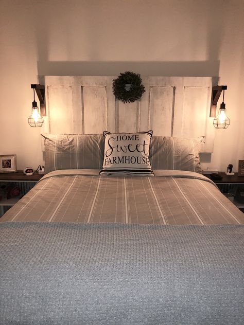 Bed Headboard With Lights, Farmhouse Door Headboard, Barndoor Headboard With Lights, Lights On Headboard Diy, Headboard Lamp Ideas, Lamps On Headboard, Farmhouse Headboard With Lights, Rustic Headboard With Lights, King Headboard Ideas Master Bedrooms Diy