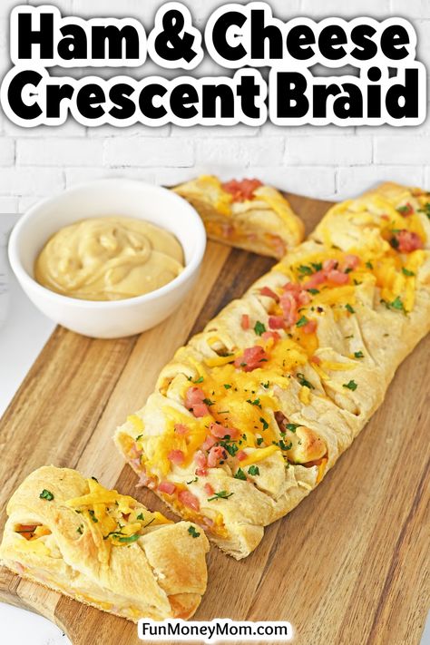 This Ham And Cheese Crescent Braid is a delicious and versatile recipe that’s perfect for breakfast or dinner but also makes a great party food! Whatever the occasion, this crescent roll recipe is always a hit! Braided Crescent Roll Recipes, Crescent Flat Sheet Recipes, Ham And Cheese Braid, Crescent Roll Recipes With Ham, Crescent Roll Braids Easy Recipes, Easy Breakfast Braid, Recipes Using Diced Ham, Breakfast Braid Crescent Roll, Crescent Roll Ham And Cheese