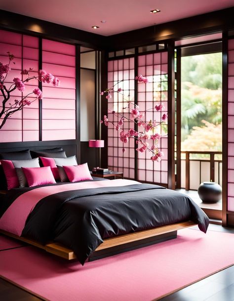 Embrace the serenity of Japanese design with this contemporary pink bedroom. Zen Elegance, Minimalist Aesthetics, clean lines and uncluttered spaces. Remember, the essence of a modern Japanese bedroom lies in simplicity, harmony, and a deep connection to nature Japan Themed Room, Pink Japanese Bedroom, Japanese Bedroom Aesthetic Dark, Japanese Bedroom Anime, Sakura Themed Room, Japanese Themed Bedroom, Japanese Room Aesthetic, Japanese Room Ideas, Western Victorian