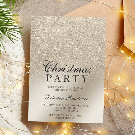 A chic and luxurious pearl ivory glitter ombre metallic foil design with elegant calligraphy typography for a corporate Christmas party invitation . Formal Christmas Party, Corporate Christmas Party Invitations, White Christmas Party, Gold Glitter Ombre, Elegant Christmas Party, Corporate Christmas Parties, Foil Design, Christmas Party Themes, Calligraphy Typography