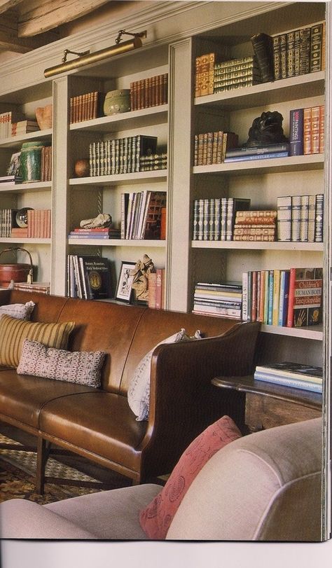 Splendid Sass: GREAT LIBRARIES Home Library Design, Brown Leather Sofa, Comfortable Office, Home Libraries, Street Market, Leather Couch, Built In Bookcase, Library Design, Home Library