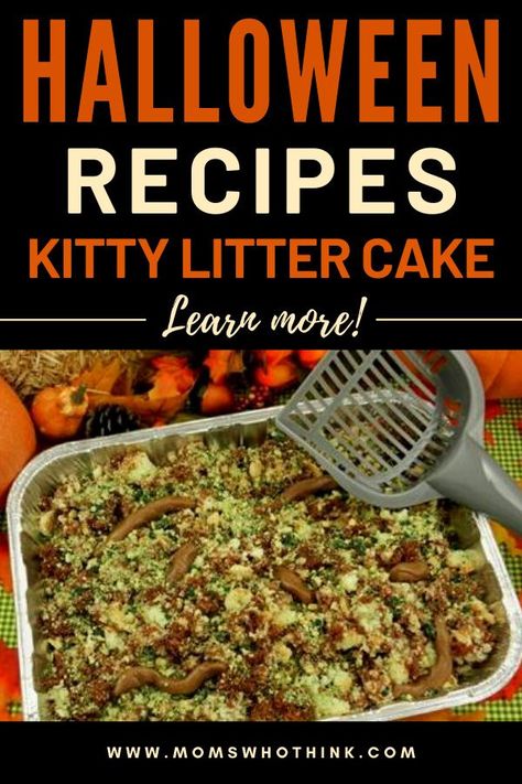 Our Halloween treats are a perfect addition to a ghoulish party. Be sure to check our Kitty Litter Cake Recipe for a spooky Halloween dessert. | Moms Who Think Halloween Kitty Litter Dessert, Litter Box Dessert, Kitty Litter Cake Halloween, Cat Litter Dessert, Litter Box Cake Recipe, Kitty Litter Cake Recipe, Kitty Litter Dessert, Litterbox Cake, Kitty Liter Cake