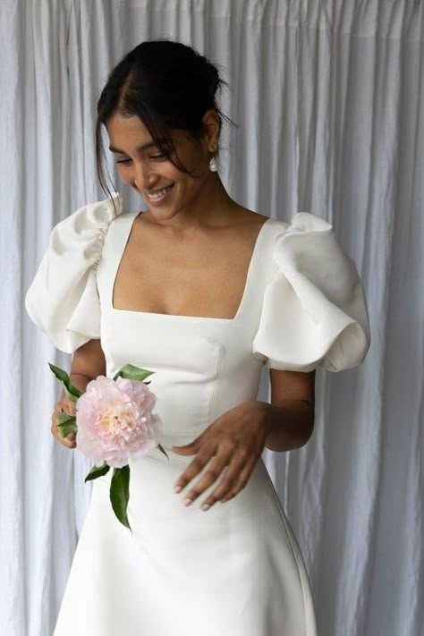 Clover London — The Briderie Square Neck Wedding Dresses Long Sleeve, Square Neck Puff Sleeve Wedding Dress, Simple Wedding Dress With Sleeves Classy, Simple Courthouse Wedding Dress, Civil Wedding Dress Civil Wedding Dress Classy, Simple Wedding Dress Courthouse, Simple Short Wedding Dress, Simple Classy Wedding Dress, Silk Wedding Dresses