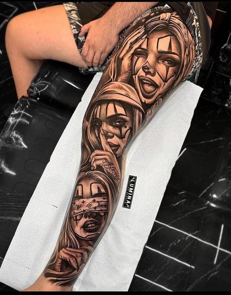 Gangster Tattoo, Art Chicano, Gang Tattoos, Chicano Tattoos Sleeve, Full Leg Tattoos, Skull Sleeve Tattoos, Gangsta Tattoos, Full Sleeve Tattoo Design, Chicano Style Tattoo