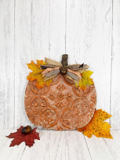 Tin Tile Trees, Dollar Tree Tile Pumpkin, Dollar Tree Peel And Stick Tiles Crafts, Dollar Tree Tin Tile Crafts, Dollar Tree Faux Tin Tile Crafts, Tin Tile Crafts, Dollar Tree Tile Crafts, Ceiling Tiles Crafts, Dollar Store Fall Decorations