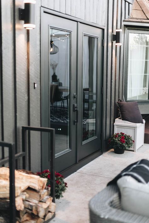 sharing how to replace french doors Black Exterior Doors Patio, Double Door Patio Doors, Modern Black Double Front Door, Double Back Doors Patio, Double French Doors Exterior Patio, Back Doors Exterior Patio, Black French Doors Exterior Patio, Replace French Doors, Patio Double Doors