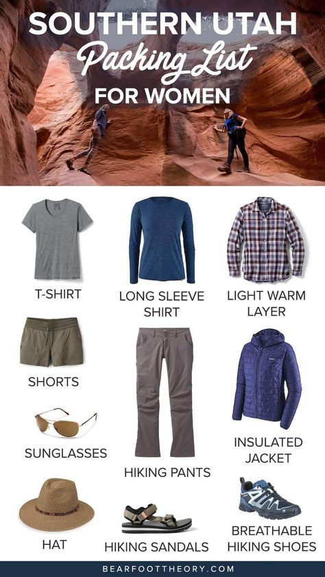 Get your gear and clothing dialed with this Southern Utah packing list so you're ready for any adventure from hiking to camping and more. Utah Hiking Packing List, Dessert Hiking Outfits, Utah Hike Outfit, Hiking In Utah Outfits, Capsule Wardrobe Hiking Travel Packing, Utah Hiking Outfit Spring, Utah Outfits Spring, Moab Utah Outfits, Camping Attire For Women