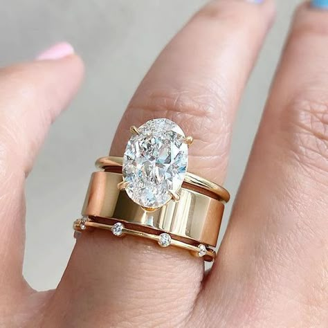 Diamond engagement ring paired with beautiful yellow gold bands Thick Wedding Bands, Thick Gold Band, Ring Inspo, Dream Engagement Rings, Dream Engagement, Band Engagement Ring, Pretty Rings, Dream Ring, Put A Ring On It