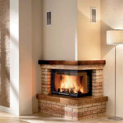 Pellet Stove Ideas Living Rooms, Wood Burning Stove Ideas, Pellet Stove Ideas, Brick Fireplace Decor, Corner Fireplace Living Room, Brick Fireplace Wall, Design Camino, Stove Ideas, Black Brick Wall