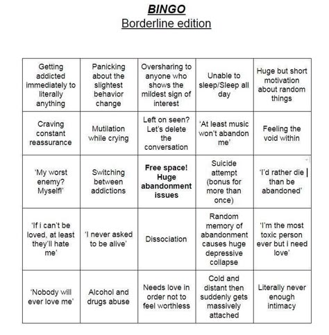 Random Bingo, Bpd Memes, Funny Would You Rather, Bpd Symptoms, Kill It With Fire, Bingo Sheets, Bingo Template, Mental Health Facts, Fun Questions To Ask