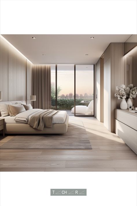 Neutral finishes palette, Natural oak cladding, Nude theme rug and curtains Masterbedroom Neutral Luxury, Neutral Tone Bedroom, Off White Bedrooms, Finish Palette, New York Bedroom, Oak Cladding, Bedroom Design Modern, Box Hill, Feature Wall Bedroom